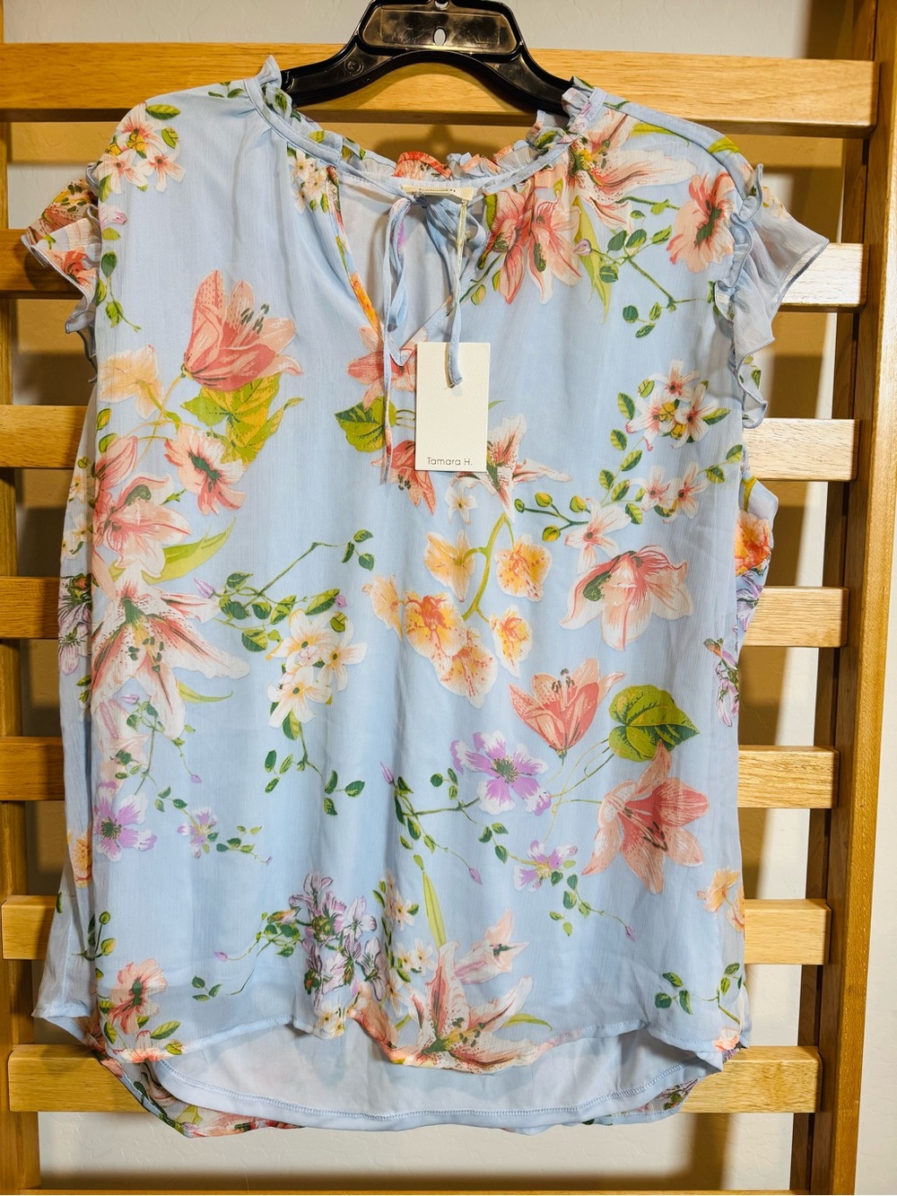 Tamara K. Sky Blue Floral Tie-Neck Cap Sleeve Blouse